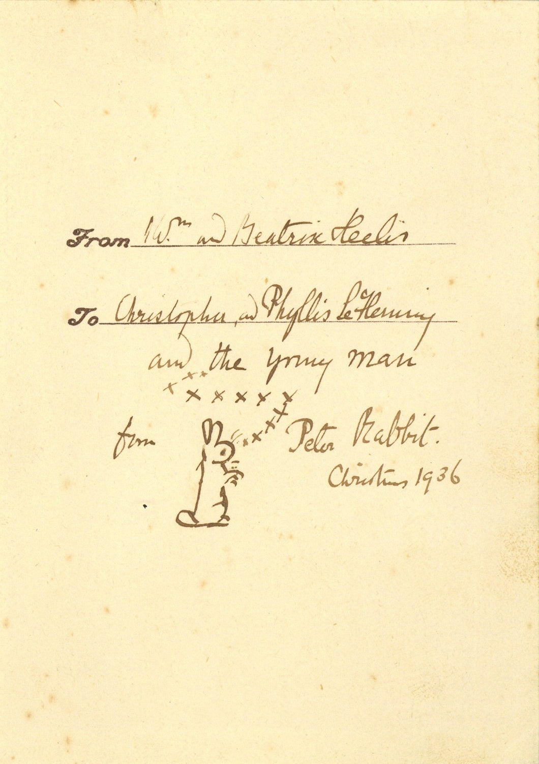 Presentation Card with Ink Inscription and Signature by Beatrix Heelis [Potter] Including an Original Pen and Ink Sketch of Peter Rabbit!!