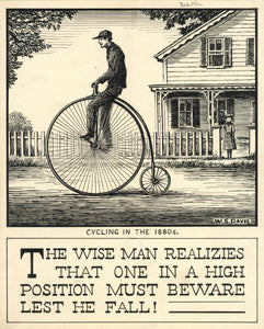 Original Pen and Ink Drawing Featuring a High Wheel Bicycle from the 1880s above a Hand-Inked Maxim