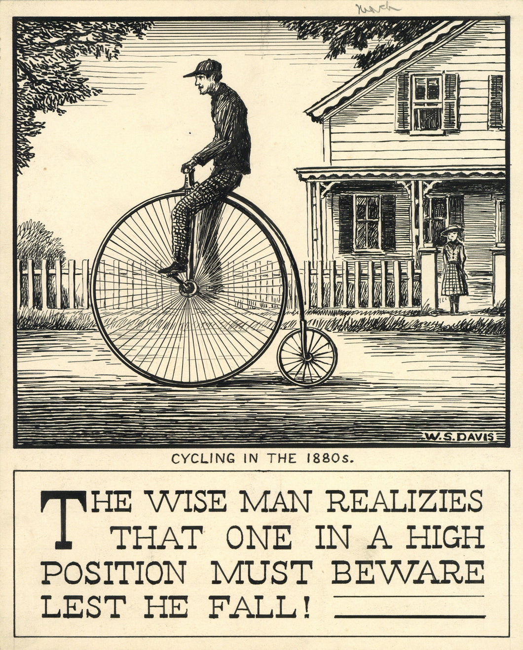 Original Pen and Ink Drawing Featuring a High Wheel Bicycle from the 1880s above a Hand-Inked Maxim