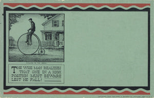 Original Pen and Ink Drawing Featuring a High Wheel Bicycle from the 1880s above a Hand-Inked Maxim