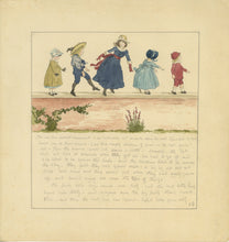 Load image into Gallery viewer, An Unpublished Kate Greenaway Manuscript Illustrated with an Original Watercolor of 5 Young Children Running atop a Low Garden Wall, circa 1885.
