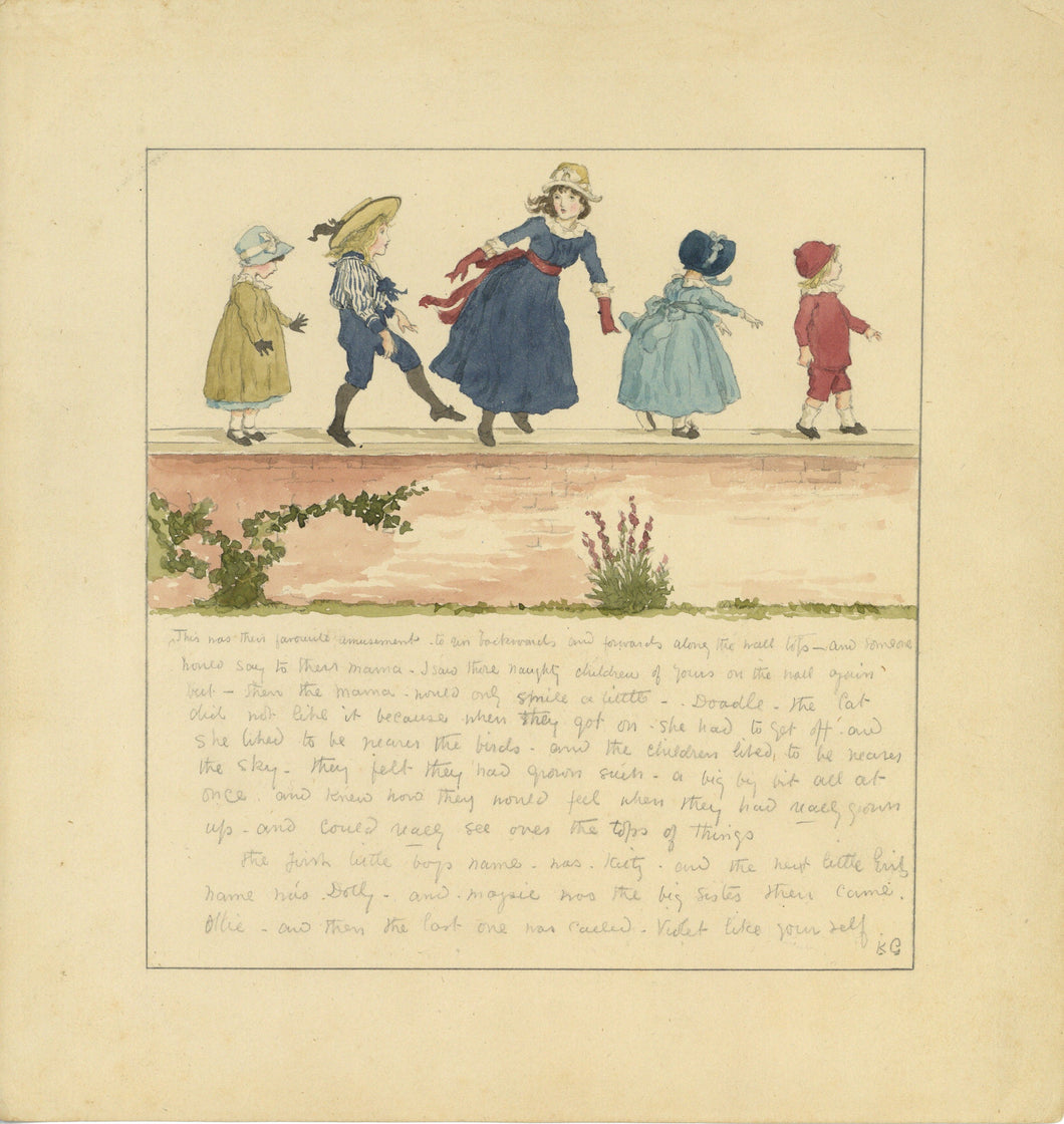 An Unpublished Kate Greenaway Manuscript Illustrated with an Original Watercolor of 5 Young Children Running atop a Low Garden Wall, circa 1885.