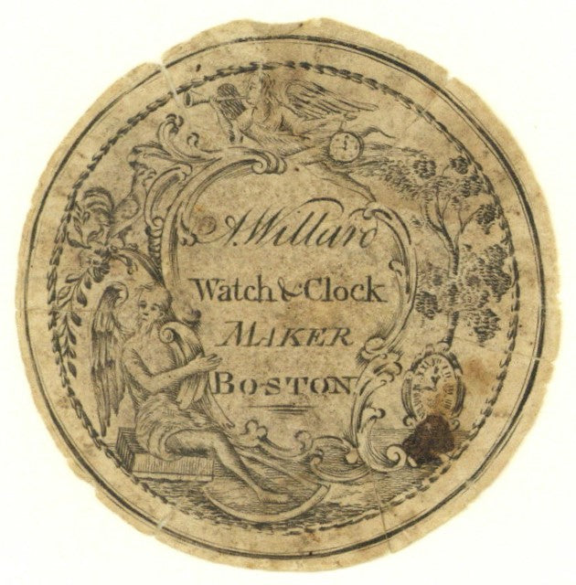 Engraved Watch Paper for A[aron] Willard, Watch & Clock Maker, Boston [Engraved by Paul Revere, Boston, 1781]