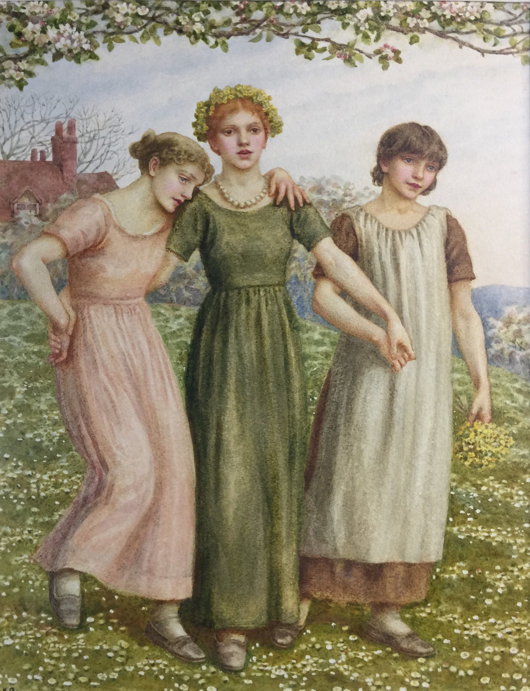 Susan, Mary, Emily: A Superb Original Watercolor Drawing by Kate Greenaway