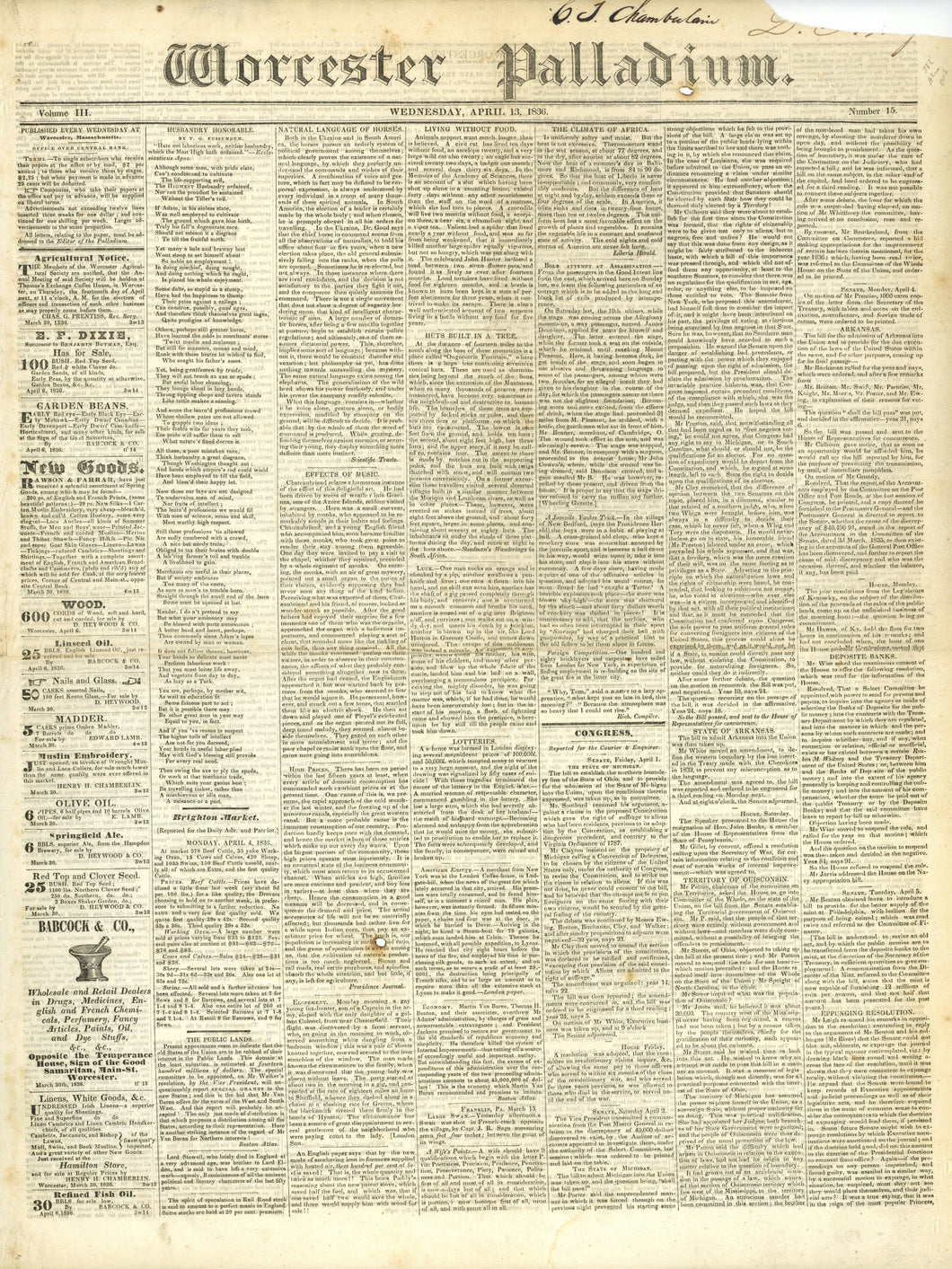 Worcester [Mass.] Palladium, Volume III, Number 15, Wednesday, April 13, 1836, Containing a Detailed Early Account of the Fall of the Alamo